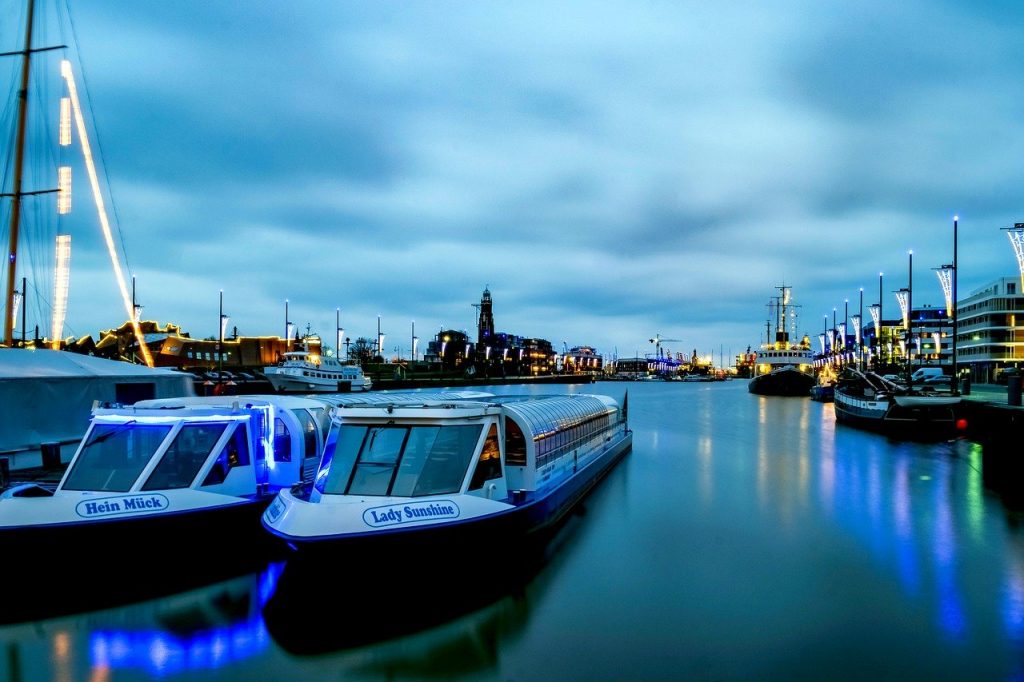 boats, river, night