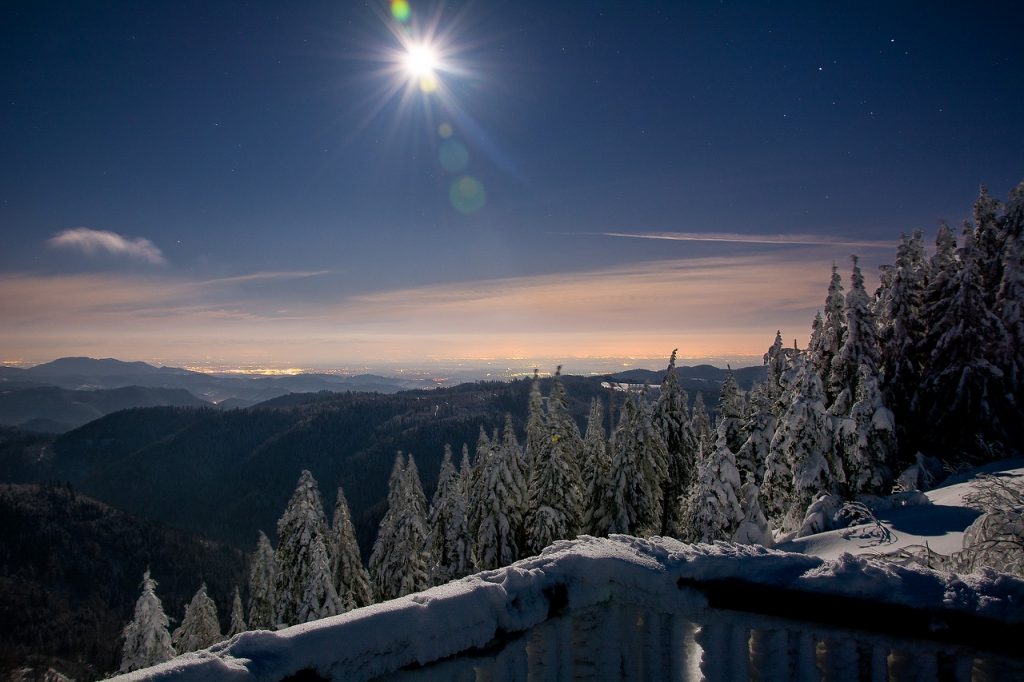 rheinebene at full moon, night photograph, snow